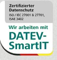 Zertifizierter Datenschutz nach ISO/IEC 27001 und 27701, ISAE 3402. Wir arbeiten mit DATEV SmartIT.